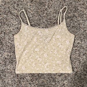 Floral Ribbed Cami Crop Top - Beige with Pink Flowers